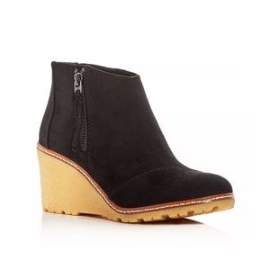 Toms Avery Wedge Ankle Booties, Size 9, Black Suede Leather with Chunky Heel